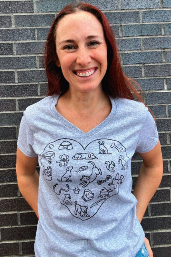 FISH & BONE Dog Icons Heart V-Neck T-Shirt Grey Heather