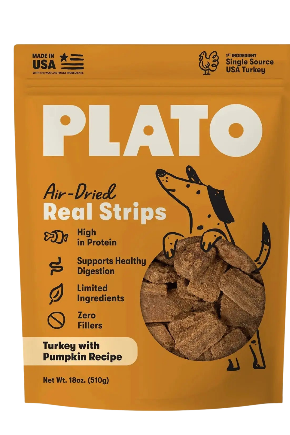 PLATO Air Dried Real Strips Dog Treats Turkey & Pumpkin