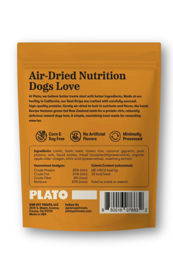 PLATO Air Dried Real Strips Dog Treats Lamb