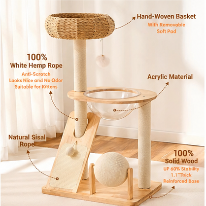 PAWFECT Modern Cat Tree with Woven Basket Bed