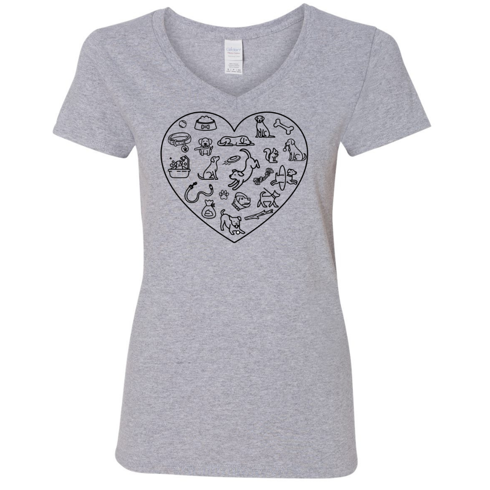 FISH & BONE Dog Icons Heart V-Neck T-Shirt Grey Heather