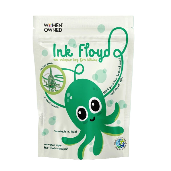 Ink Floyd cat litter packaging with a green octopus design on a light blue background