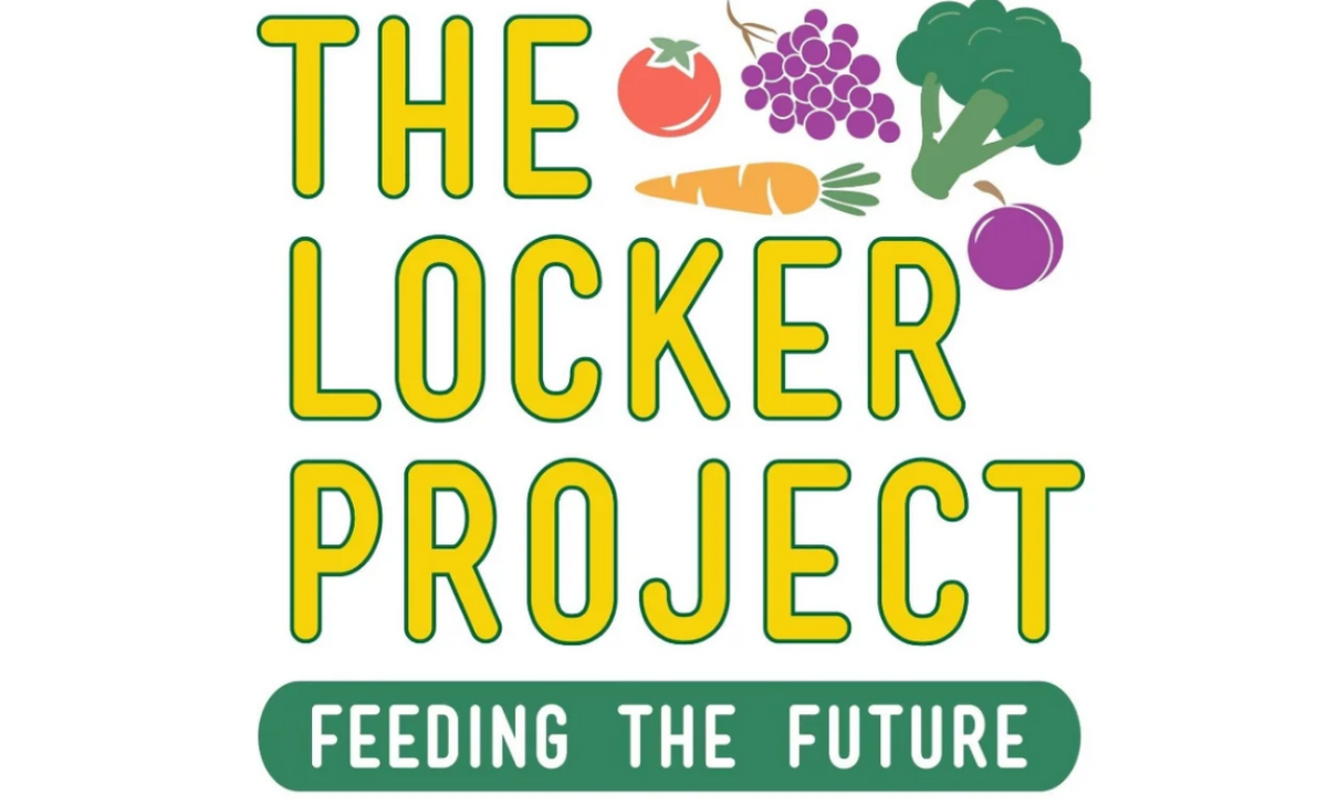The Locker Project logo featuring yellow text with colorful cartoon vegetables and a green banner reading 'Feeding the Future' on a white background.