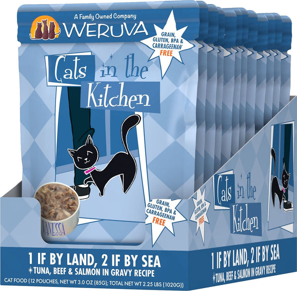 WERUVA Cats in the Kitchen 1 if by Land, 2 if by Sea Grain-Free Cat Food Pouch Case 12/3 oz.