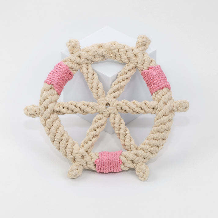 KNOTTY PAWZ Handmade Rope Dog Toy Ship Wheel Pink & White