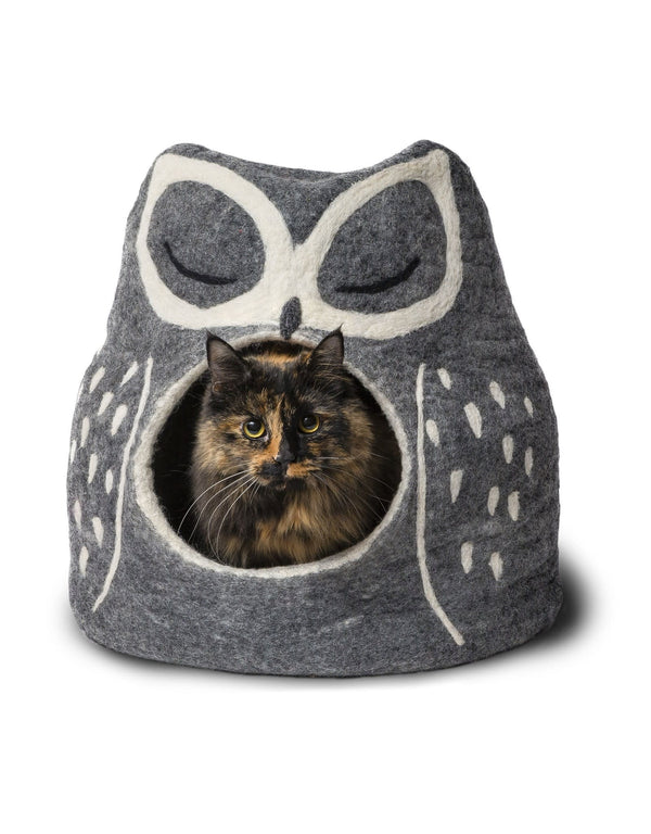 KARMA CAT Felted Wood Pet Cave Grey Owl