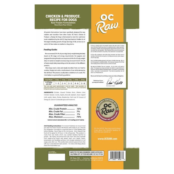 OC RAW Frozen Dog Chicken & Produce Recipe
