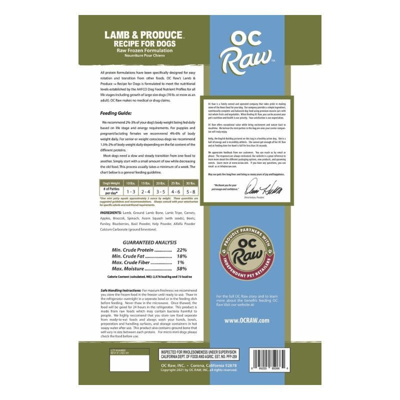 OC RAW Frozen Dog Lamb & Produce 4LB