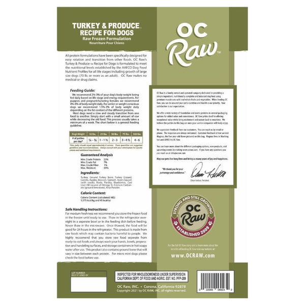 OC RAW Frozen Dog Turkey & Produce Recipe 6 LB