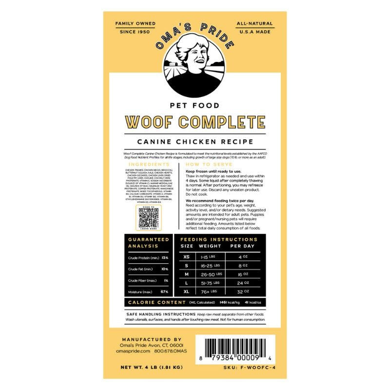 OMA'S PRIDE Frozen Dog Woof Complete Grab n Go Chicken 1 LB