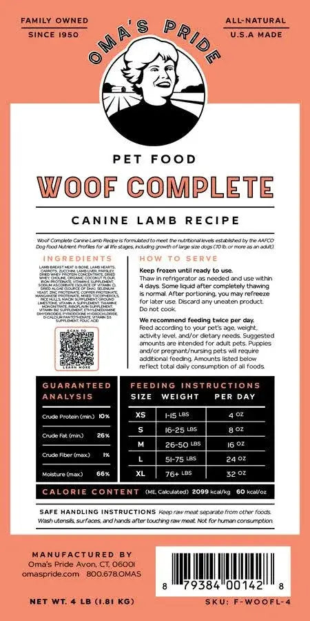 OMA'S PRIDE Frozen Dog Woof Complete Grab n Go Lamb 1 LB