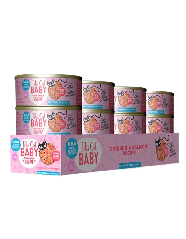 TIKI CAT Baby Chicken and Salmon Shreds Canned Cat Food Case 2.4OZ CASE/12