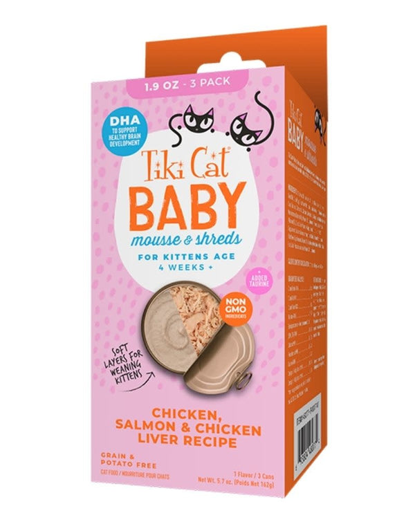 TIKI CAT Kitten Mousse and Shreds Chicken Salmon and Chicken Liver 1.9OZ 3PK
